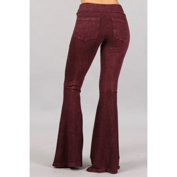 Burgundy Mineral Wash French Terry Flared Bell Bottom Pull On Pants w/ Pockets - Picture 2 of 5